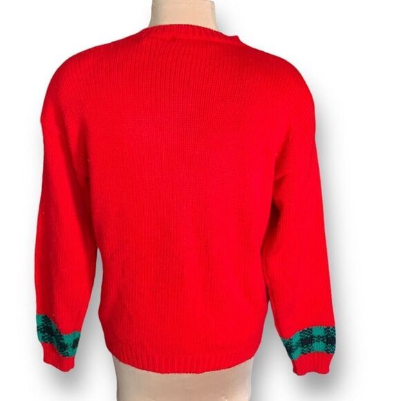 Vintage 90s Cropped Knit Cardigan Sweater Bright Cherry Red Scottie Dog Plaid - Picture 4 of 11